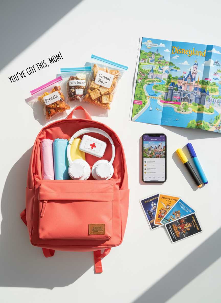 A meticulously organized Disneyland day-planning flat lay on a clean white tabletop, featuring a bold coral-colored park backpack unzipped to reveal neatly rolled pastel ponchos, labeled snack bags, noise-canceling headphones, and a compact first-aid kit. Beside it, a glossy fold-out Disneyland map, color-coded highlighters, a smartphone showing a park planning app, and a stack of laminated ride-priority cards are arranged with sharp precision. Bright, diffused daylight from an unseen window casts crisp, confident shadows, emphasizing structure and order. Shot from a perfect bird’s-eye view with photographic realism and vivid color, the composition uses strong diagonals to create an energetic, empowering mood that says “you’ve got this” to overwhelmed moms planning their perfect day.