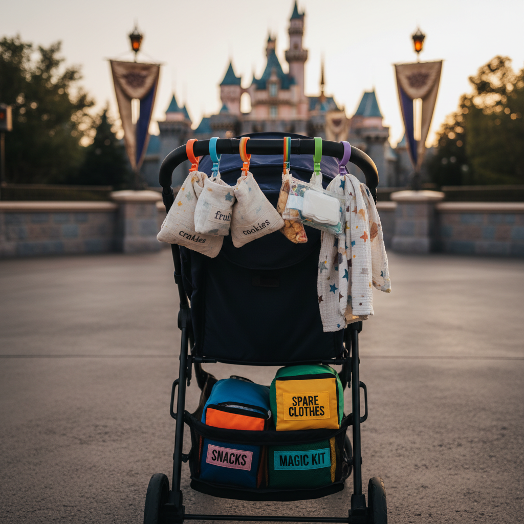 A sturdy, midnight-navy stroller parked beside a textured concrete path, its handle wrapped with rainbow-colored organizing clips holding labeled snack pouches, a neatly folded muslin blanket, and a transparent pouch of wipes. In the stroller basket, color-blocked packing cubes peek out, each with bold tags like “snacks,” “spare clothes,” and “magic kit.” In the background, softly blurred hints of a castle silhouette and festive banners glow against the late-afternoon golden light. Photographic realism with a shallow depth of field highlights the stroller system as the hero. The lighting casts warm, decisive highlights and confident shadows, creating a bold, prepared mood that feels both practical and magical, perfect for a no-nonsense Disneyland planning site.