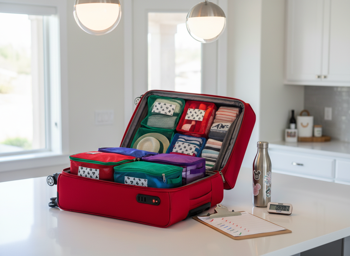 A close-up of a sleek, matte-white kitchen island transformed into a Disneyland packing command center. A powerful red carry-on suitcase stands open, revealing perfectly arranged packing cubes in saturated jewel tones, each with clear mesh windows showing labeled outfits with Minnie-inspired patterns, sun hats, and rolled tees. Next to it, a checklist clipboard with sharp black typography and colorful checkmarks lies beside a slim digital timer and a stainless-steel water bottle covered in subtle park-themed stickers. Bright overhead pendant lights and cool morning window light combine to create crisp highlights and punchy contrast. Photographic realism from a slightly elevated angle with sharp focus throughout, delivering a bold, efficient, “zero chaos” mood that speaks directly to moms ready to conquer the park with ruthless organization.