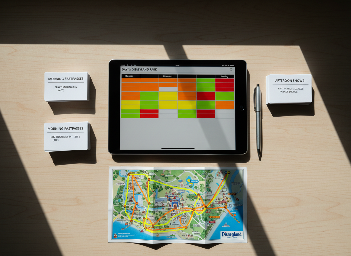 A dramatic, photographic overhead shot of a minimalist desk displaying a perfectly structured Disneyland ride strategy. A large, matte-black tablet shows a clean day-by-day park schedule with time blocks in intense citrus colors. Surrounding it are neatly stacked index cards labeled with ride names and height requirements, a sleek silver pen aligned parallel to the tablet, and a printed park map layered with bold highlighter paths. The surface is a pale wood grain, uncluttered and modern. A strong beam of late-morning window light slices across the composition, creating vivid contrast and decisive shadows that emphasize clarity and control. The mood is bold, strategic, and empowering, ideal for a site that helps moms skip confusion and squeeze maximum magic out of every Disneyland minute.